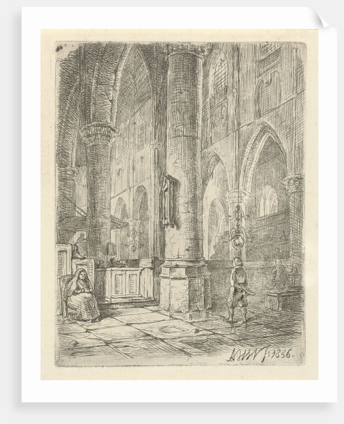 Church Interior with a boy and a seated woman by Adrianus Wilhelmus Nieuwenhuyzen