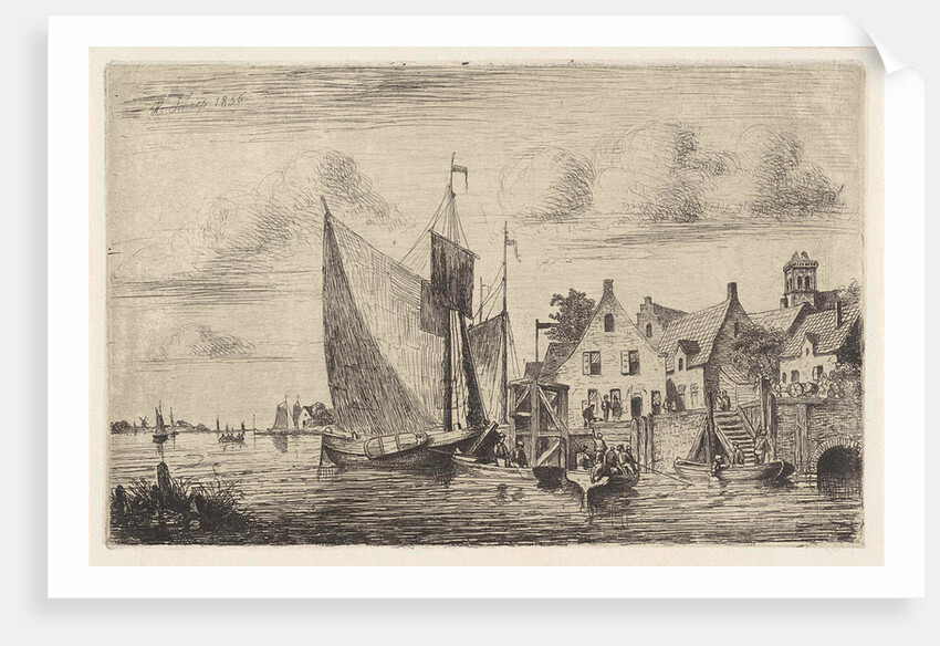 Sailing ships and boats at the wharf in a village by Henri Adolphe Schaep