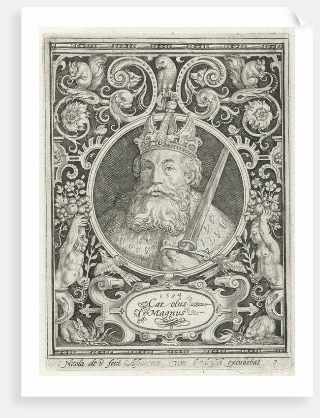 Portrait of Charlemagne in medallion inside rectangular frame with ornaments by Anonymous