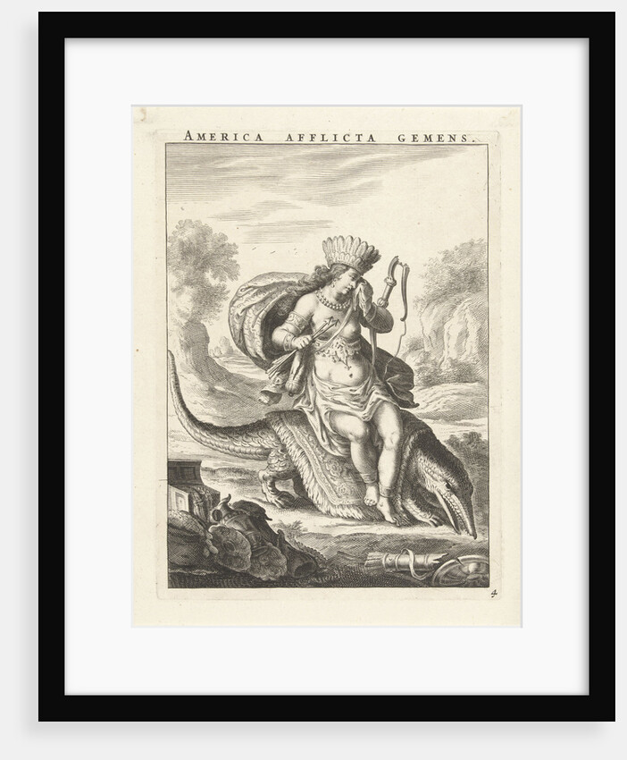 Female personification of America as a woman with headdress of feathers and bows, sitting on a caiman by Claes Jansz. Visscher II
