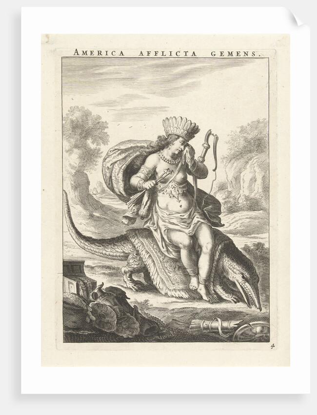 Female personification of America as a woman with headdress of feathers and bows, sitting on a caiman by Claes Jansz. Visscher II