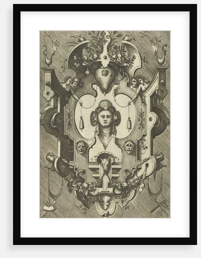 Cartouche with the head of a woman wearing three shells in her hair by Hieronymus Cock