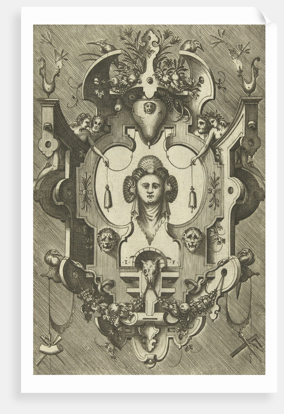 Cartouche with the head of a woman wearing three shells in her hair by Hieronymus Cock