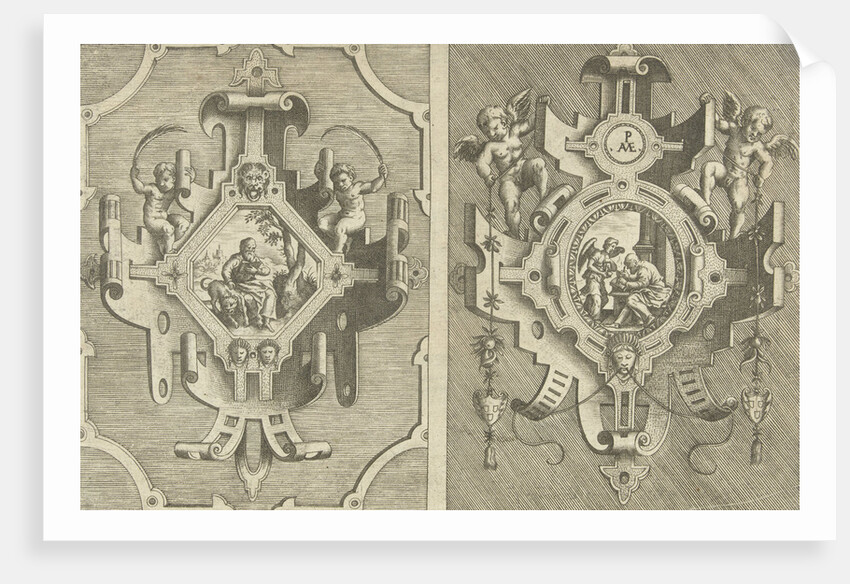 Two cartouches, each depicting an evangelist by Hieronymus Cock