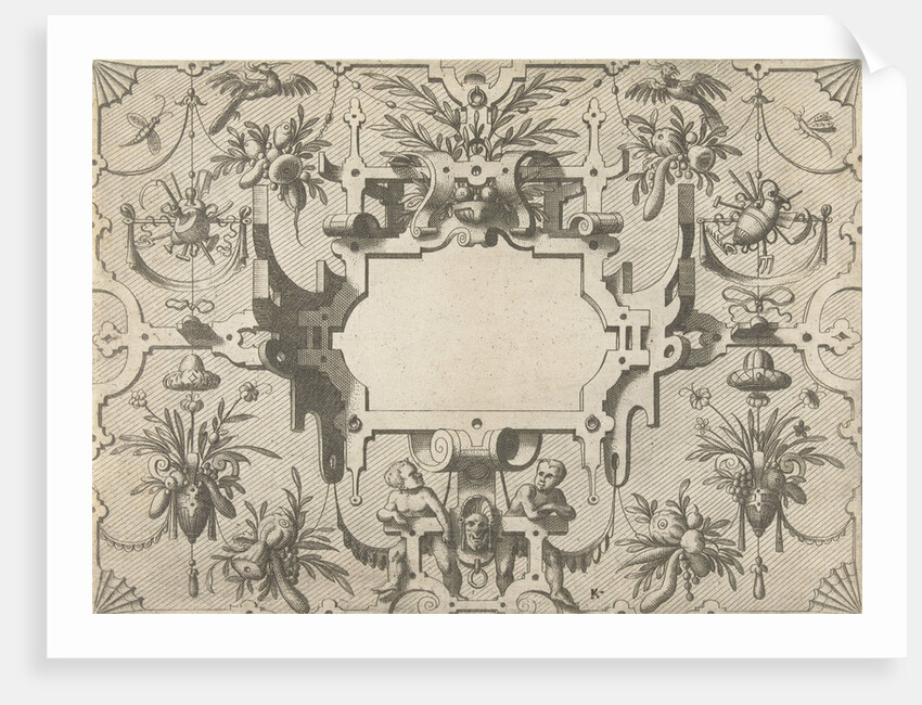 Cartouche surrounded by grotesques by Hieronymus Cock