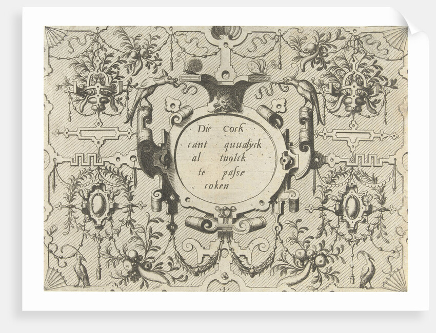 Cartouche surrounded by grotesques, left and right is a bird by Hieronymus Cock