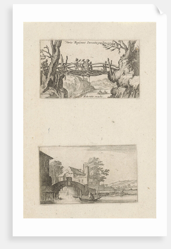 Three hikers on a wooden bridge and rowing boat before a stone bridge by Frederik de Wit