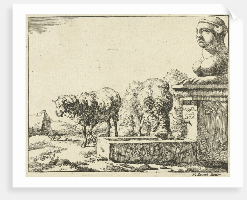 Two sheep at a trough by Nicolaes Visscher I