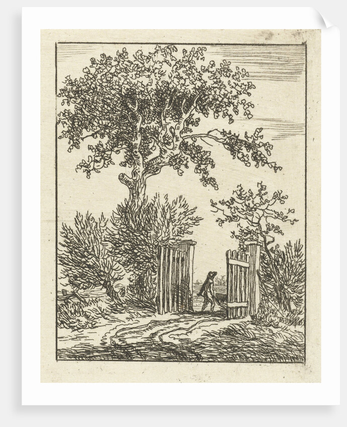 Man with wheelbarrow walking through a fence by Anthonie van den Bos