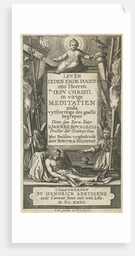 Frame for title with Christ Child and Christ dead and two angel with passion tools by Boëtius Adamsz. Bolswert