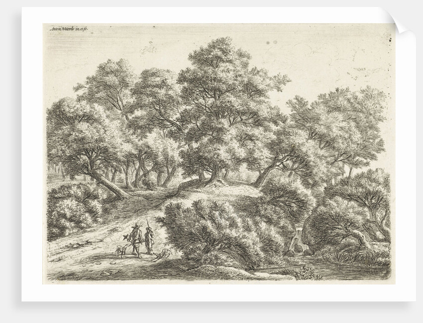 Falconer and hunter in a forest by Anthonie Waterloo