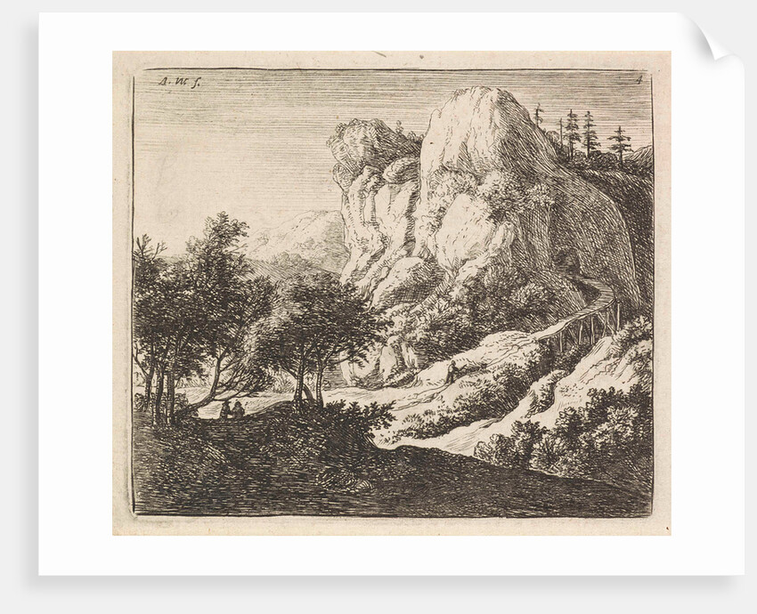 Wooden bridge with a rock, Anthonie Waterloo by Reinier and Josua Ottens