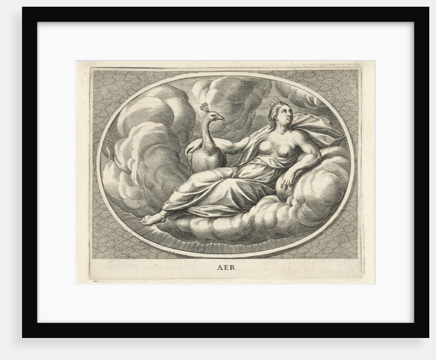 Female personifcatie element of air as the goddess Juno with peacock by Cornelis van Dalen II