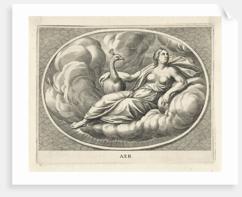 Female personifcatie element of air as the goddess Juno with peacock by Cornelis van Dalen II