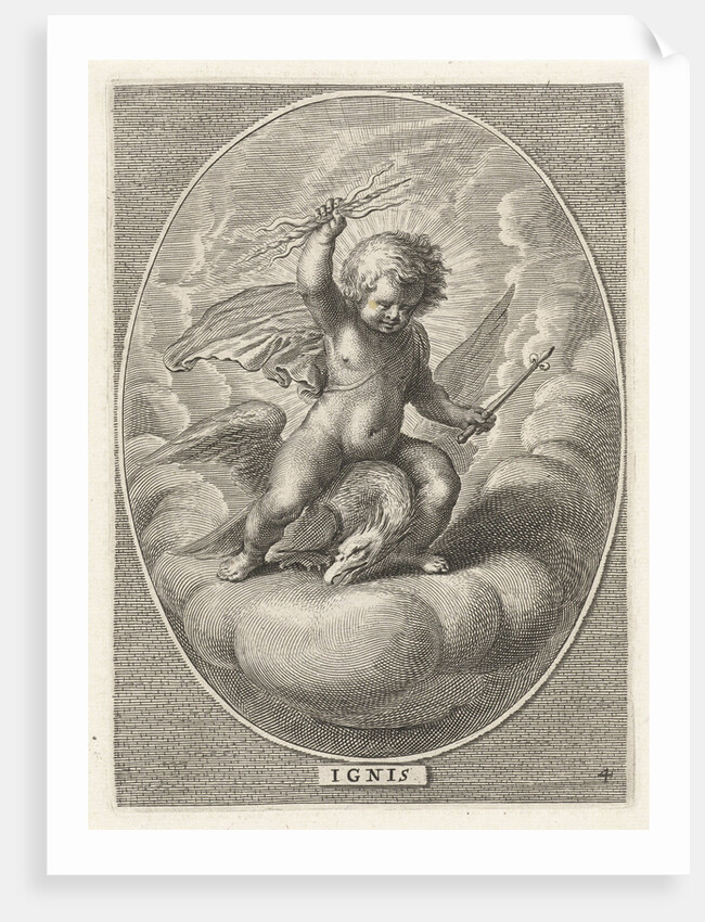 Element fire as a child with lightning bolts on back of eagle by Adriaen Collaert
