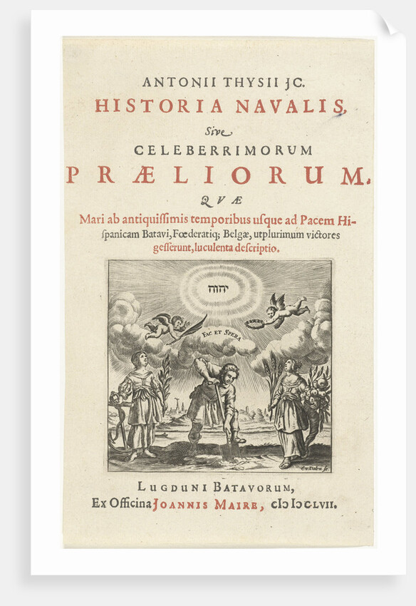 Man holds shovel in the ground standing between personifications of Hope and Abundance by Joannes Maire