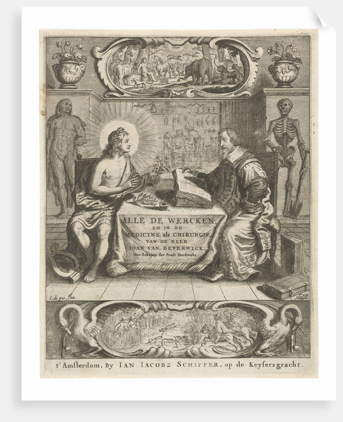 Physician Johan Beverwijk studying books about Apollo at the table in interior by Jan Jacobsz Schipper