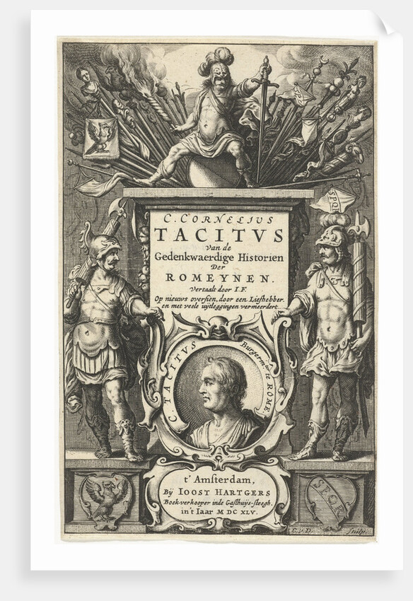 God enthroned on Mars column with war booty and portrait of Tacitus in cartouche flanked by two Roman soldiers by Joost Hartgers