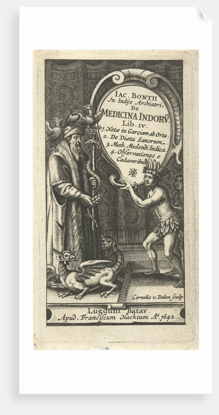 Physician with staff wrapped by snake and pomegranate, birds and dragon by Franciscus Hackius