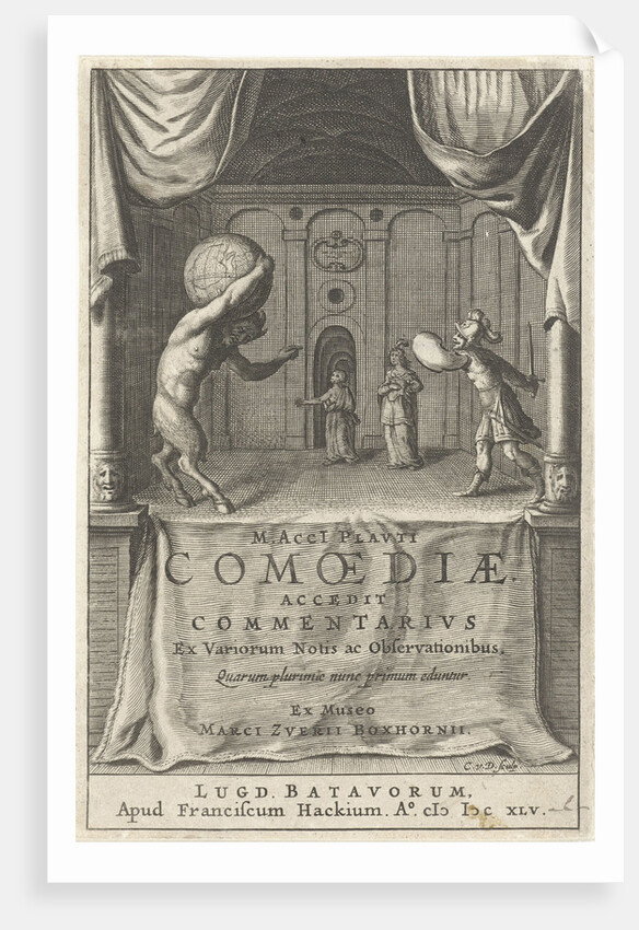 Scenic with satyr that world globe on shoulders and soldier who threatens levied sword by Franciscus Hackius