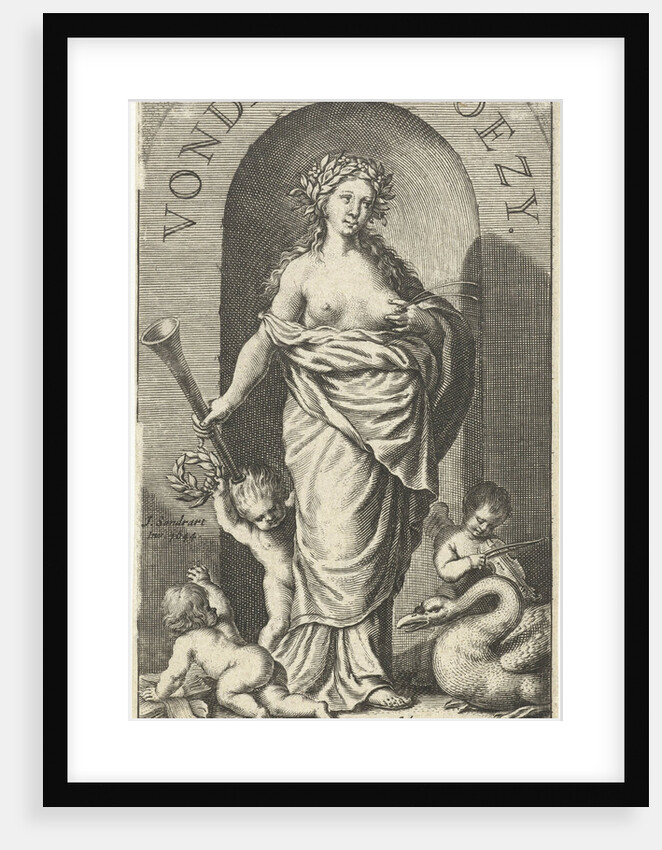 Muse Clio with trumpet and squirting milk from her breast, swan and putti at her feet by Joost Hartgers