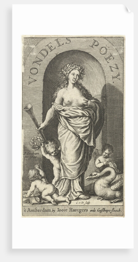 Muse Clio with trumpet and squirting milk from her breast, swan and putti at her feet by Joost Hartgers