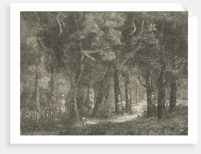 Hunter and his dog in the woods by Hermanus Jan Hendrik van Rijkelijkhuysen