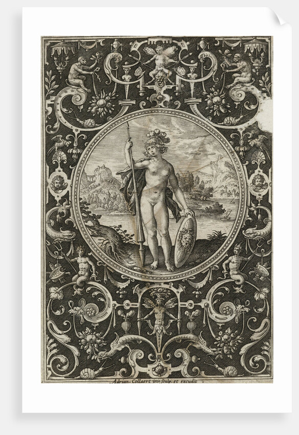 Medallion with Minerva with spear and shield with Medusa head in frame of grotesques with flowers, garlands by animals and mascarons