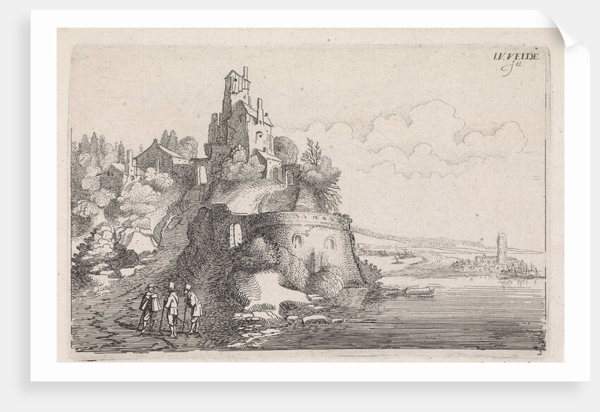 Figures at a fort in a river landscape by Jan van de Velde II