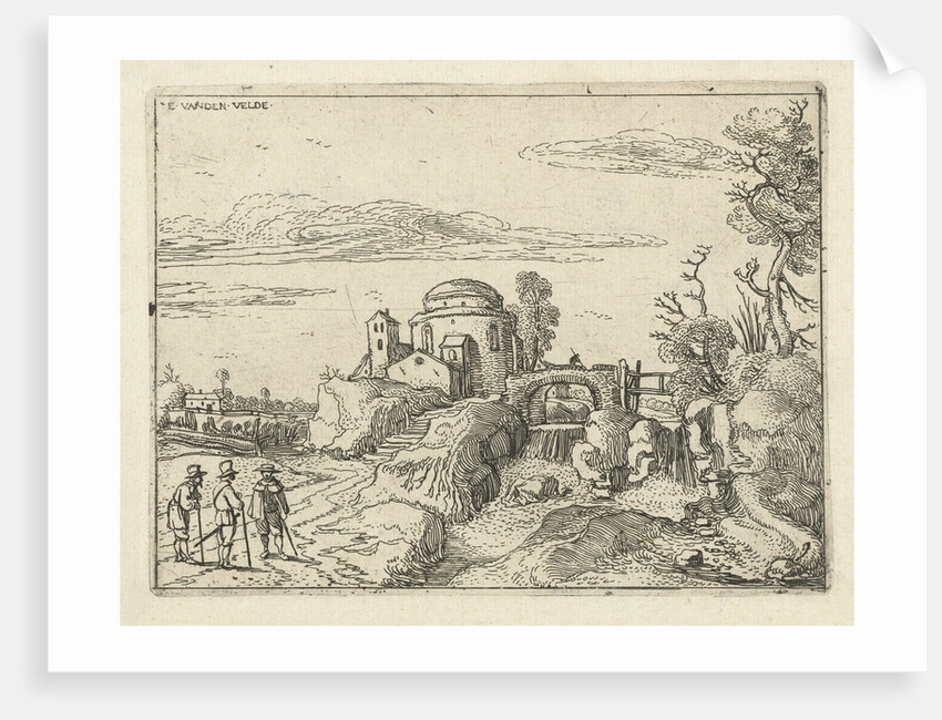 Bridge over waterfall next round building with a dome by Esaias van de Velde