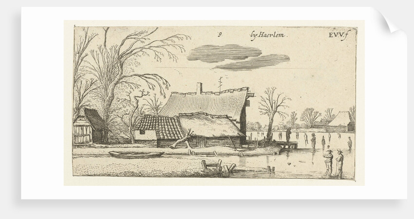 Farm in a frozen river with skaters by Anonymous
