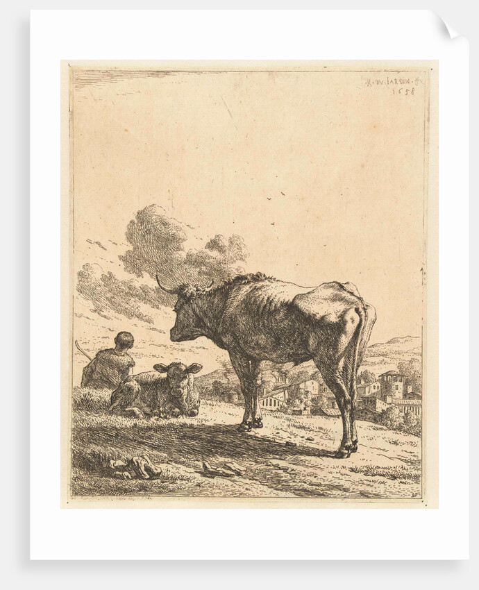 Shepherd with an ox and calf in a village by Karel Dujardin