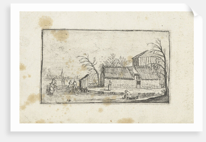 Frozen river with skaters on a farm by Johannes Pietersz. Berendrecht