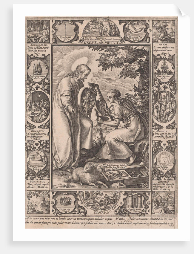 A woman sits behind an easel and paints the Christ Child in a heart by Hendrick Goltzius