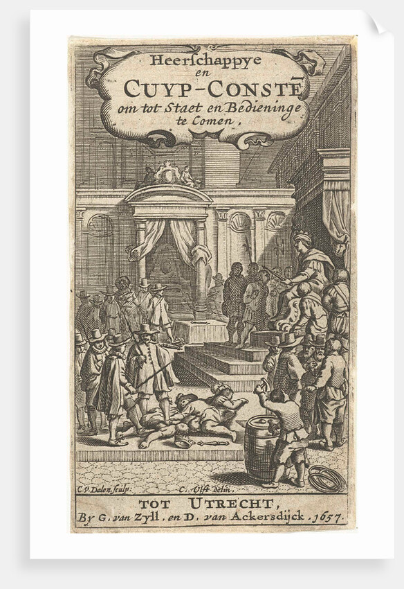 King on throne surrounded by nationals and cooper with barrel by Dirck van Ackersdijck