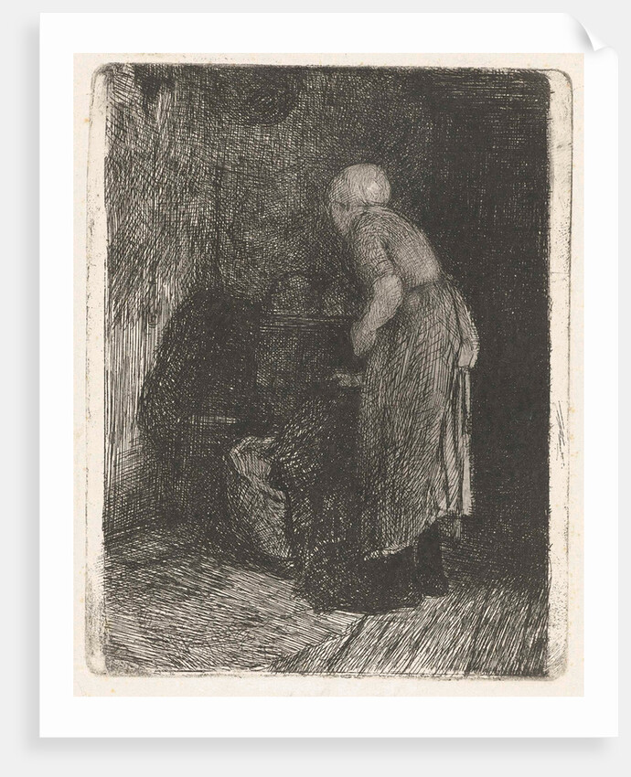 Woman looking in a crib by Bernardus Johannes Blommers