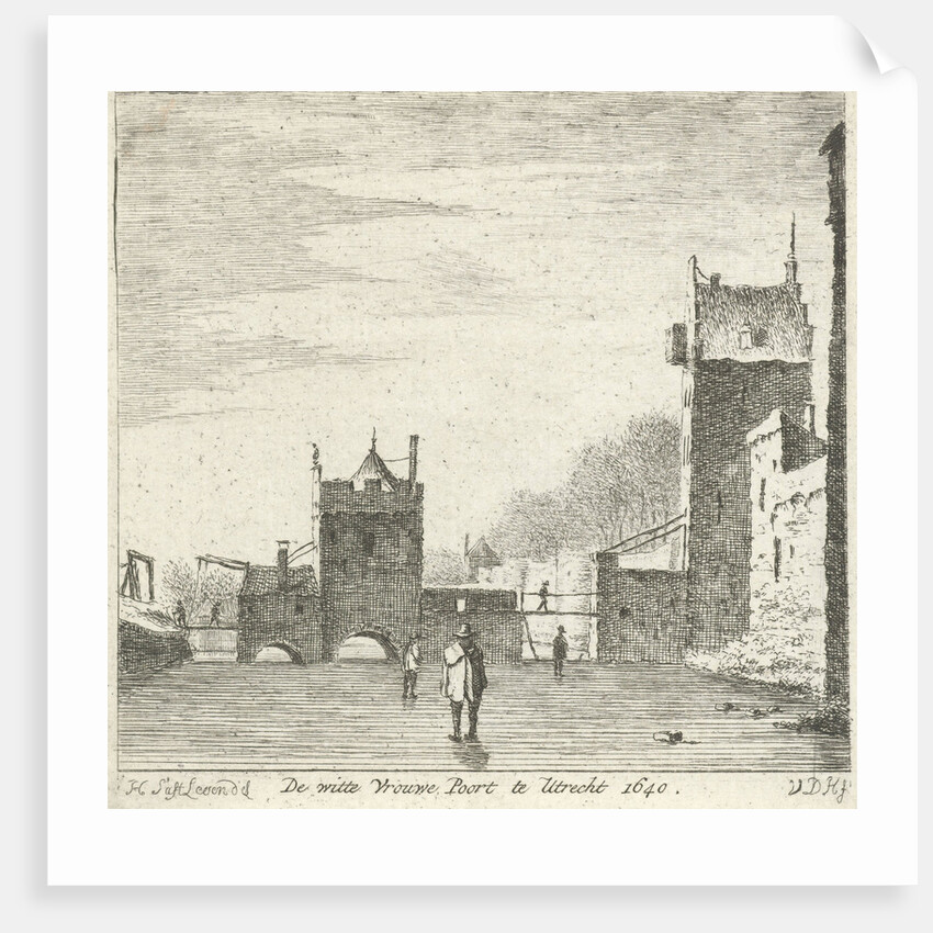 Figures on the ice at the gate Wittevrouwen Utrecht The Netherlands by Anthonij van der Hae