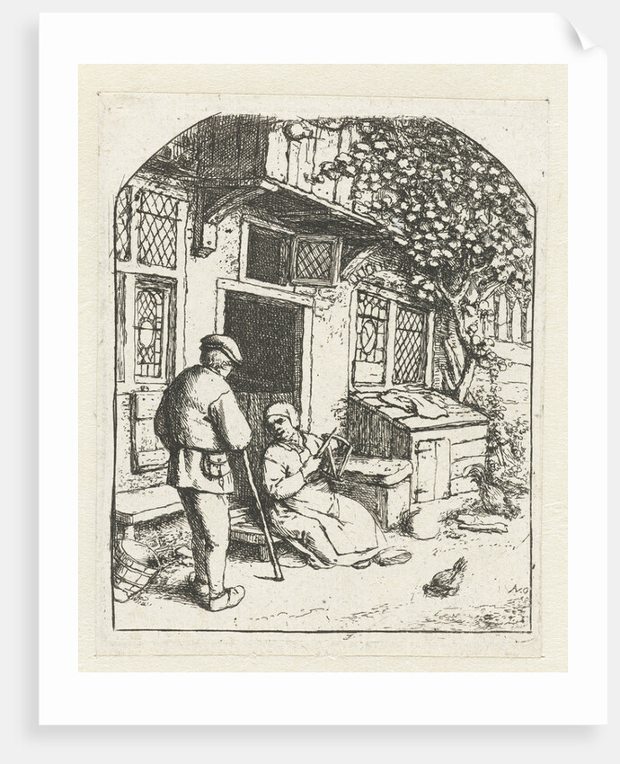 Spinster sitting on the doorstep of a house talking to man by Adriaen van Ostade