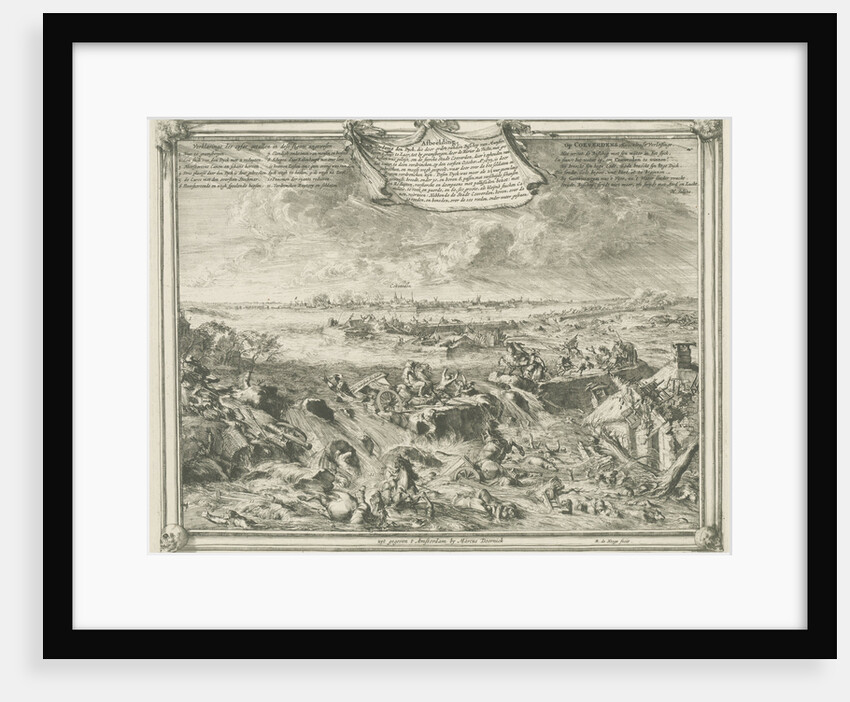 Dike near Coevorden, October 1 1673, enemy cavalry and artillery are washed away by the water, in the distance the city of Coevorden by Romeyn de Hooghe