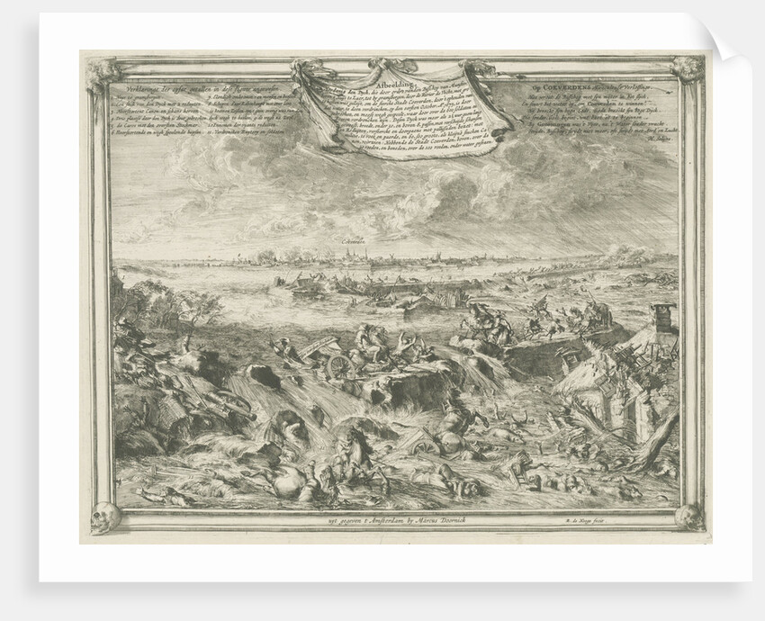 Dike near Coevorden, October 1 1673, enemy cavalry and artillery are washed away by the water, in the distance the city of Coevorden by Romeyn de Hooghe