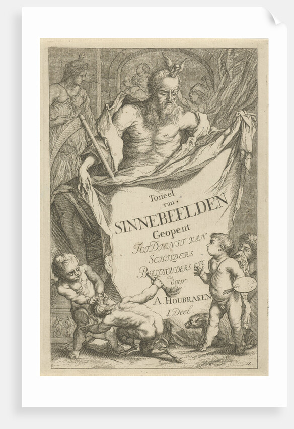 The Death personified holding a cloth on which the series title in ten lines in Dutch by Arnold Houbraken