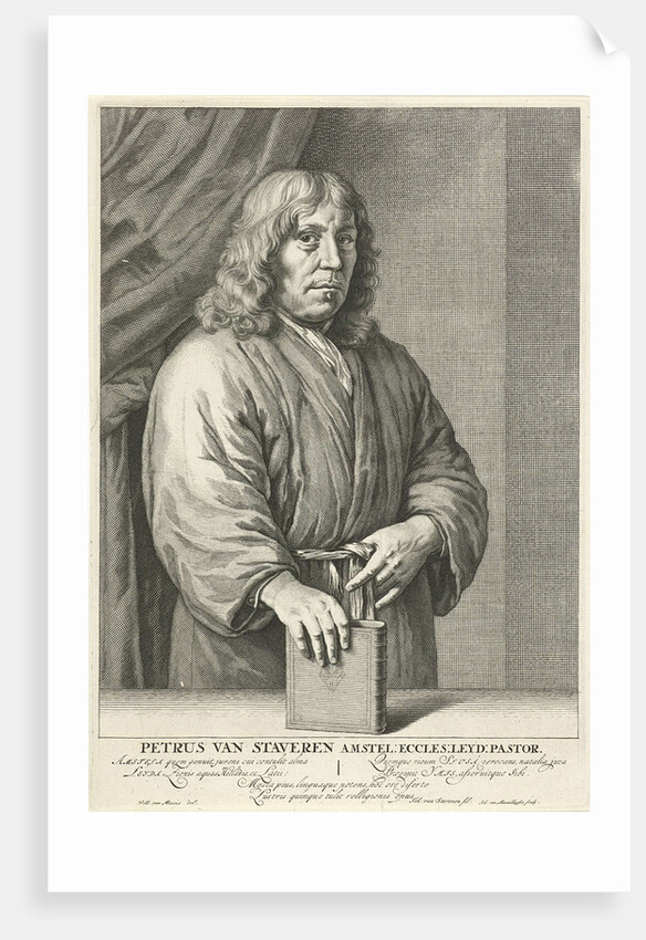 Portrait of Petrus van Staveren, pastor of Leiden The Netherlands, his hand resting on a Bible by Johannes Willemsz. Munnickhuysen