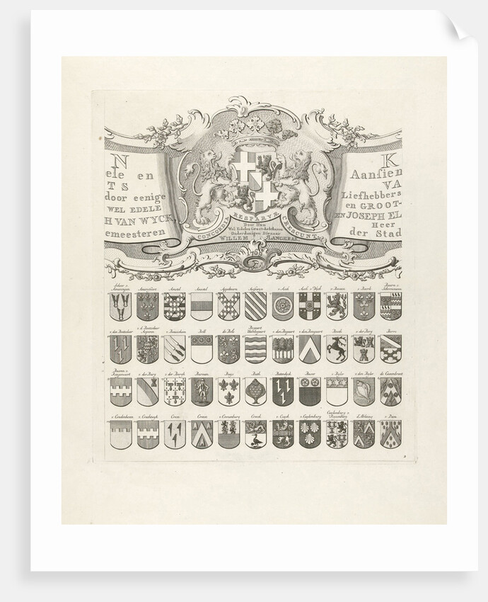 Top center leaf of a set of nine prints, all with weapons of ancient lineages from Utrecht by Johannes van Hiltrop