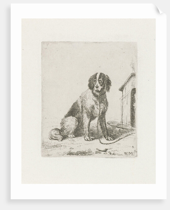 Sitting dog chained to a doghouse by Christiaan Wilhelmus Moorrees