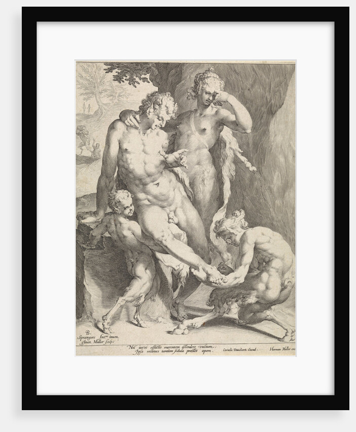 A Oreade, with spectacles on nose, removing a thorn from the foot of a satyr by Jan Harmensz. Muller