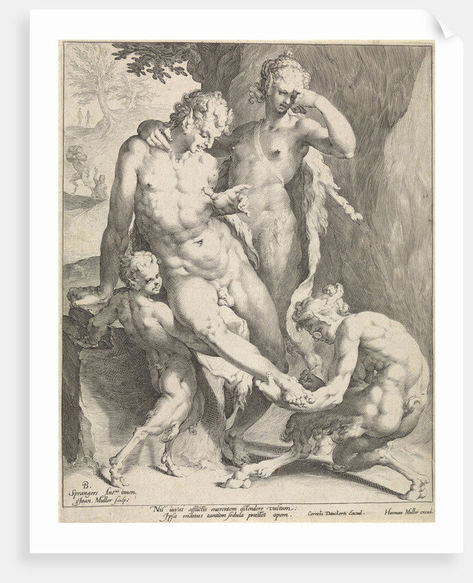 A Oreade, with spectacles on nose, removing a thorn from the foot of a satyr by Jan Harmensz. Muller