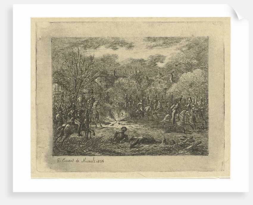 Cavalrymen around an explosion in a village by Gerardus Emaus de Micault