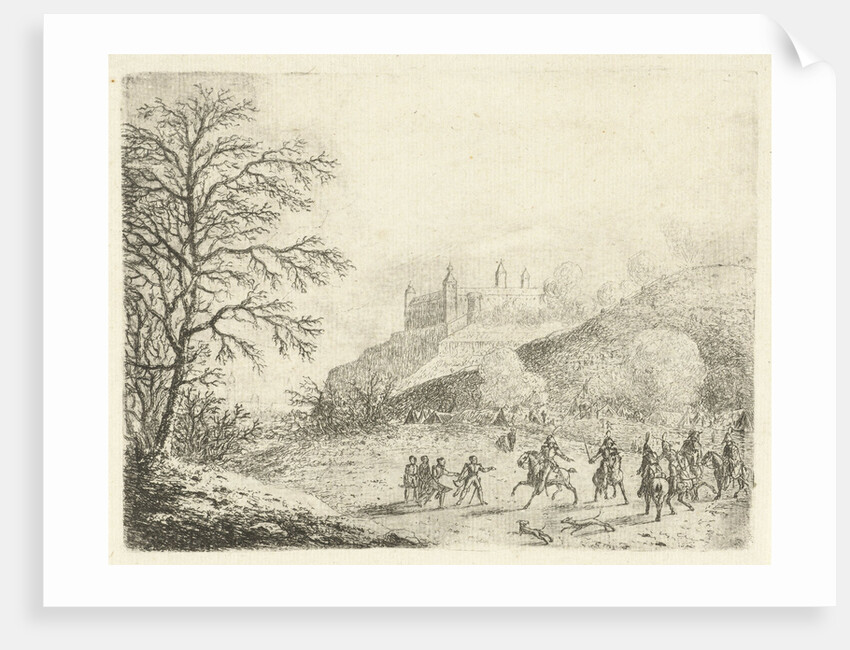 Cavalrymen at a tent camp at the bottom of a hill by Gerardus Emaus de Micault