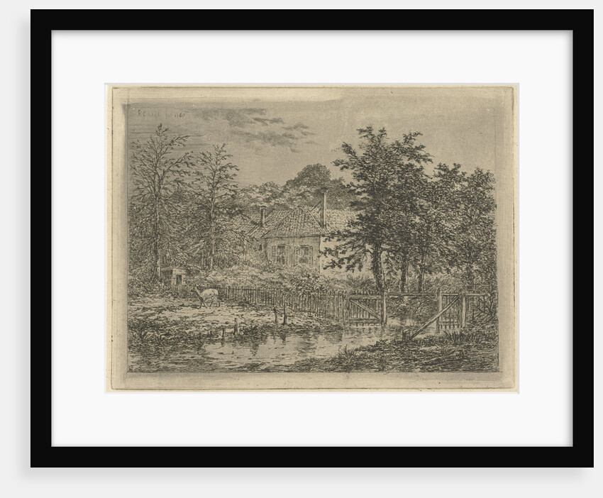 View of a house located between trees and shrubs, at the gate with a deer by Gerardus Emaus de Micault