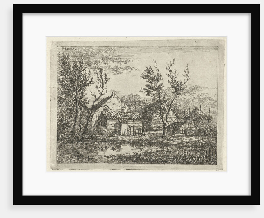 On a farm with several buildings and a haystack, a person walks near a tree, a pond with ducks by Gerardus Emaus de Micault
